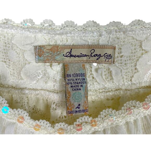 AMERICAN RAG Women L Ivory Floral Lace Sequin Trim Peasant Smocked Top - Picture 9 of 10